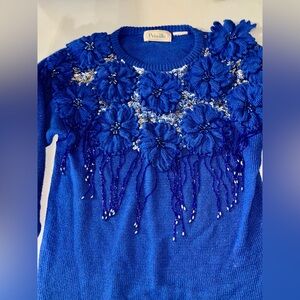 Vintage Priscilla Royal Blue Floral Sequins Beaded Fringe Acrylic Sweater